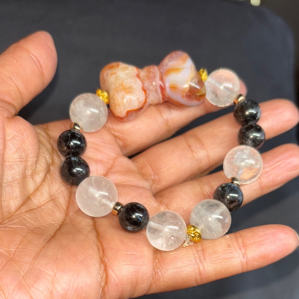 Fire Quartz Bow Crystal Bracelet – Arfvedsonite & Clear Quartz